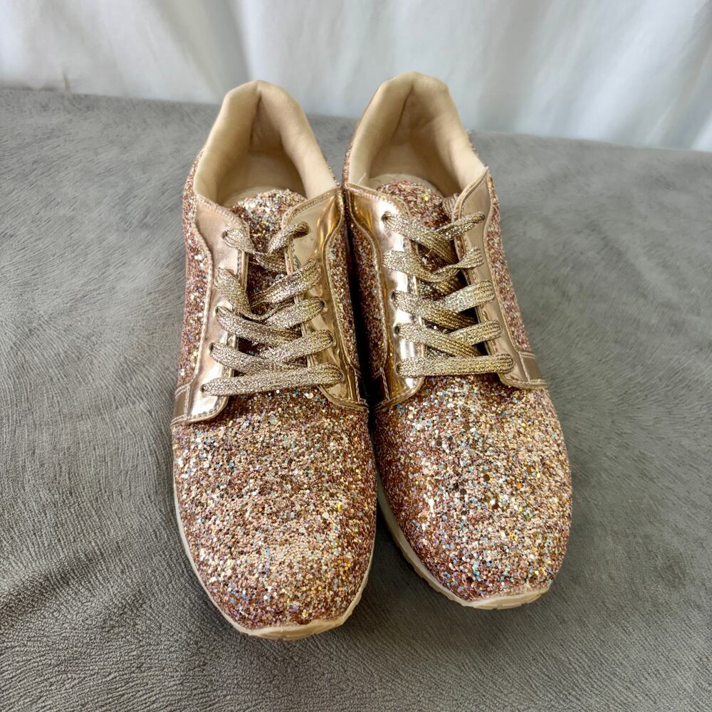 Fashion Sneakers Rose Gold Glitter Synthetic Lace Up Low Top Women's US 6 Qupid